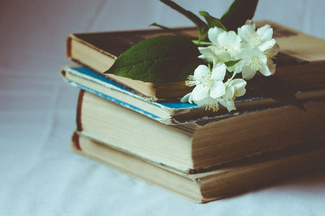 4 books stacked with spring blossoms on top