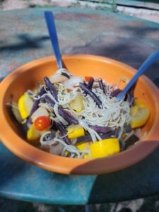 orange bowl with rice noodles and summer veggies