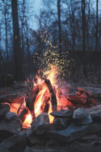 Campfire in woods with sparks