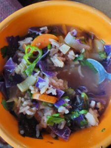 closeup on colorful seaweed miso soup