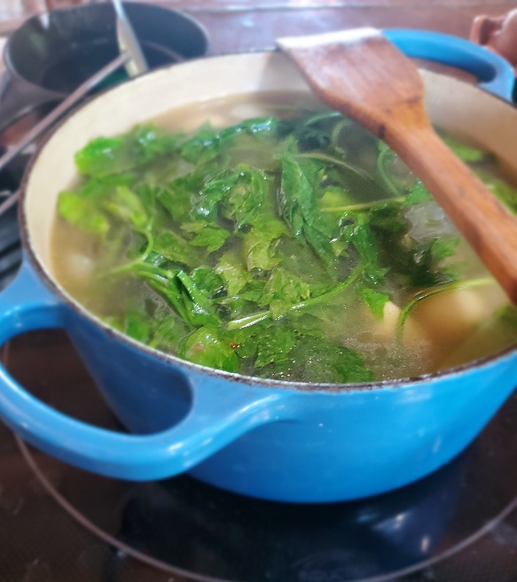 blue enamel soup pot with wooden spoon, containing green lovage leaves, broth and other veggies